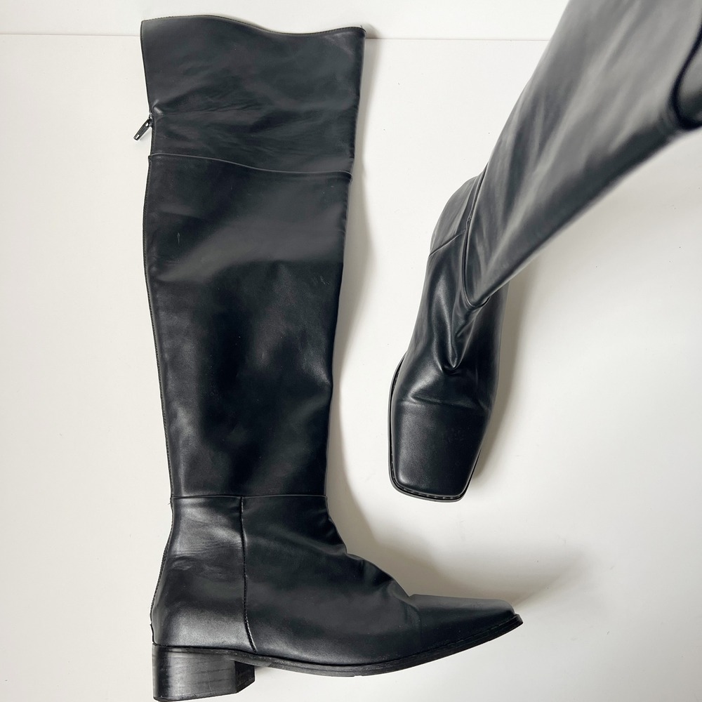 Black Leather Over The Knee Boots 7.5 Square Toe Low Heel Tall Zip Moto Edgy